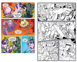Size: 2296x1852 | Tagged: safe, artist:jay fosgitt, artist:pencils, idw, official comic, owlowiscious, spike, starlight glimmer, twilight sparkle, alicorn, dragon, owl, pony, unicorn, friends forever #35, g4, my little pony: friends forever, spoiler:comic, abstract background, bipedal, book, castle of the royal pony sisters, comic, comparison, female, lineart, male, mare, orange background, redraw, scene interpretation, simple background, squirm-spore, take that, twilight sparkle (alicorn)