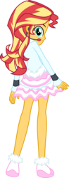 Size: 2003x5124 | Tagged: safe, artist:osipush, part of a set, sunset shimmer, equestria girls, g4, clothes, commission, cute, dress, female, frilly dress, headset, high res, legs, looking at you, looking back, microphone, rear view, shimmerbetes, shoes, simple background, skirt, smiling, solo, transparent background, vector, winter outfit