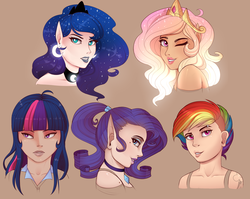 Size: 2450x1948 | Tagged: safe, artist:evehly, princess celestia, princess luna, rainbow dash, rarity, twilight sparkle, human, g4, alternate hairstyle, crown, ear piercing, earring, elf ears, female, humanized, jewelry, lipstick, looking at you, necklace, one eye closed, pendant, piercing, ponytail, regalia, royal sisters, short hair, short hair rainbow dash, slit pupils, smiling, unicorns as elves, wink
