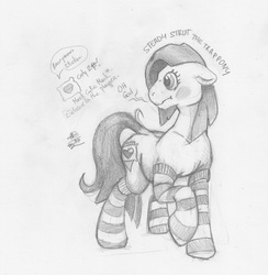 Size: 1120x1149 | Tagged: safe, artist:denton, oc, oc only, clothes, crossdressing, femboy, male, monochrome, sketch, socks, solo, striped socks, traditional art