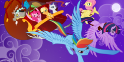 Size: 1024x512 | Tagged: safe, artist:basykail, applejack, discord, fluttershy, pinkie pie, rainbow dash, rarity, twilight sparkle, alicorn, pony, g4, bag, christmas, flying, mane six, night, sled, twilight sparkle (alicorn)