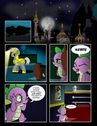 Size: 2550x3300 | Tagged: safe, artist:dsana, spike, pony, comic:to look after, g4, canterlot castle, coffee, comic, easter egg, high res, mare in the moon, moon, night, royal guard, yawn