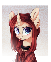 Size: 1024x1243 | Tagged: safe, artist:ten-dril, oc, oc only, pony, unicorn, abstract background, bust, clothes, collar, colored pupils, curved horn, ear fluff, ear piercing, earring, female, flannel, horn, jewelry, looking at you, mare, piercing, portrait, solo, tongue out, tongue piercing