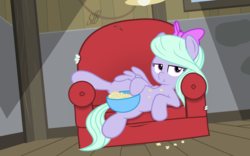 Size: 4618x2890 | Tagged: safe, artist:shoutingisfun, artist:slb94, flitter, pegasus, pony, g4, bored, bow, couch, dutch angle, eating, female, food, hair bow, high res, lazy, mare, popcorn, show accurate, solo