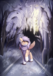 Size: 1024x1463 | Tagged: safe, artist:peachmayflower, oc, oc only, pegasus, pony, clothes, scarf, solo, tree, walking