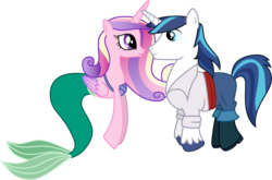Size: 1501x991 | Tagged: safe, artist:cloudy glow, princess cadance, shining armor, mermaid, merpony, seahorse, g4, ariel, clothes, clothes swap, cosplay, costume, crossover, disney, female, husband and wife, looking at each other, male, mare, pants, prince eric, ship:shiningcadance, shipping, shirt, simple background, smiling, stallion, straight, the little mermaid, transparent background, vector
