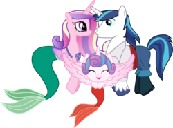Size: 1501x1114 | Tagged: safe, artist:cloudy glow, princess cadance, princess flurry heart, shining armor, mermaid, merpony, seahorse, g4, ariel, clothes, clothes swap, cosplay, costume, crossover, disney, eyes closed, family, father and child, father and daughter, female, filly, foal, husband and wife, looking at each other, male, mare, mother and child, mother and daughter, pants, prince eric, princess melody, ship:shiningcadance, shipping, shirt, simple background, smiling, stallion, straight, the little mermaid, transparent background, vector