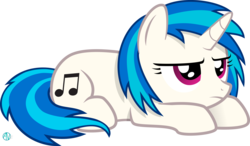Size: 2800x1635 | Tagged: safe, artist:arifproject, dj pon-3, vinyl scratch, pony, unicorn, g4, cutie mark, female, grumpy, hooves, horn, lying down, mare, prone, simple background, solo, transparent background, vector
