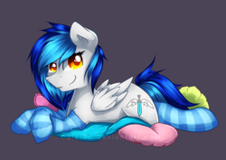 Size: 1024x724 | Tagged: safe, artist:agletka, oc, oc only, oc:coldfire, pegasus, pony, clothes, fangs, gray background, simple background, socks, solo, striped socks