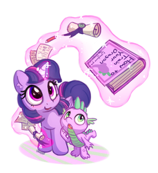 Size: 1100x1200 | Tagged: safe, artist:bobdude0, spike, twilight sparkle, alicorn, dragon, pony, baby, baby dragon, book, cute, duo, fangs, female, folded wings, glowing horn, green eyes, looking up, magic, male, mare, open mouth, paper, pencil, scroll, signature, simple background, smiling, spikabetes, telekinesis, twiabetes, twilight sparkle (alicorn), white background, wings