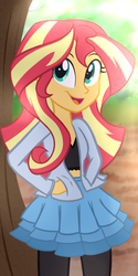 Size: 1000x2000 | Tagged: dead source, safe, artist:wubcakeva, sunset shimmer, equestria girls, g4, clothes, crossover, cute, female, hand in pocket, heathers, midriff, open mouth, pantyhose, shimmerbetes, skirt, smiling, solo, sunlight, tree