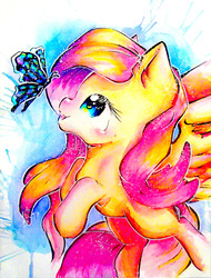 Size: 1844x2429 | Tagged: safe, artist:silver-artemis-moon, fluttershy, butterfly, g4, female, floating, looking at something, looking up, solo, spread wings, traditional art, watercolor painting