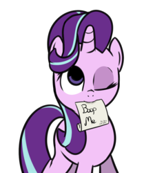 Size: 856x1026 | Tagged: safe, artist:neuro, starlight glimmer, g4, boop request, bronybait, female, imminent boop, mouth hold, note, one eye closed, paper, simple background, solo, transparent background, wink