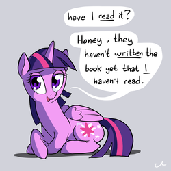 Size: 4200x4200 | Tagged: safe, artist:docwario, twilight sparkle, alicorn, pony, g4, absurd resolution, blatant lies, book, bragging, female, folded forelegs, looking at you, prone, simple background, solo, that pony sure does love books, twilight sparkle (alicorn)