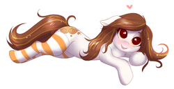 Size: 1277x659 | Tagged: safe, artist:confetticakez, oc, oc only, oc:raven sun, blushing, clothes, floppy ears, heart, prone, simple background, smiling, socks, solo, striped socks