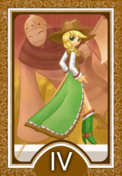 Size: 1200x1728 | Tagged: safe, artist:howxu, applejack, equestria girls, g4, boots, clothes, female, high heel boots, high heels, shoes, solo, tarot card, the emperor