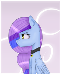 Size: 1024x1239 | Tagged: safe, artist:millyrovenge13, oc, oc only, oc:lilia mafi, pegasus, pony, abstract background, collar, female, mare, profile, simple background, sitting, solo, transparent background