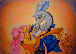 Size: 4914x3480 | Tagged: safe, artist:byannss, discord, fluttershy, g4, absurd resolution, beauty and the beast, clothes, crossover, dancing, male, ship:discoshy, shipping, signature, straight, traditional art