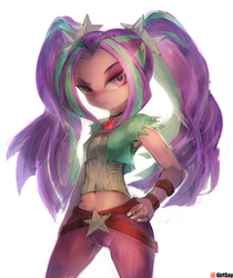Size: 1257x1500 | Tagged: safe, artist:girlsay, aria blaze, equestria girls, g4, my little pony equestria girls: rainbow rocks, armpits, belly button, clothes, female, hand on hip, jewelry, looking at you, midriff, patreon, patreon logo, pendant, sexy, simple background, solo, white background