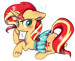 Size: 850x700 | Tagged: safe, artist:haden-2375, sunset shimmer, pony, unicorn, g4, blushing, butt, clothes, confused, covering, cute, female, plot, question mark, simple background, skirt, skirt lift, solo, white background