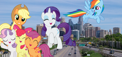 Size: 3486x1638 | Tagged: safe, artist:dashiesparkle, artist:logan859, artist:the-mad-shipwright, apple bloom, applejack, rainbow dash, rarity, scootaloo, sweetie belle, earth pony, pony, g4, cutie mark, cutie mark crusaders, female, filly, giant pony, giant rainbow dash, giant/macro cutie mark crusaders, irl, macro, mega/giant rainbow dash, minneapolis, minnesota, photo, ponies in real life, the cmc's cutie marks