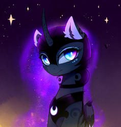Size: 2330x2460 | Tagged: safe, artist:magnaluna, princess luna, alicorn, pony, g4, armor, beautiful, color porn, cute, female, galaxy mane, glowing mane, helmet, high res, looking at you, lunabetes, mare, smiling, solo, stars