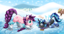 Size: 2000x1065 | Tagged: safe, artist:vavacung, oc, oc only, oc:young queen, changeling, earth pony, pony, blue changeling, changeling oc, dizzy, duo, female, ice, ice skating, mare, swirly eyes, winter