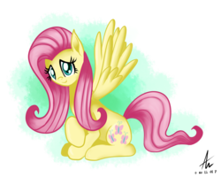 Size: 2500x2000 | Tagged: safe, artist:truffle shine, fluttershy, pegasus, pony, g4, abstract background, cute, female, high res, looking at you, shyabetes, signature, simple background, sitting, solo, transparent background