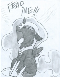 Size: 1700x2177 | Tagged: safe, artist:kerorolover16, nightmare moon, g4, cute, fear me, female, filly, grayscale, monochrome, moonabetes, nightmare woon, screaming, sketch, solo, traditional art