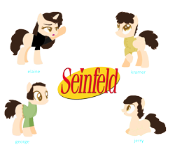 Size: 1108x936 | Tagged: safe, artist:mixelfangirl100, artist:selenaede, earth pony, pegasus, pony, unicorn, base used, cosmo kramer, elaine benes, george costanza, jerry seinfeld, lidded eyes, looking up, open mouth, ponified, prone, raised hoof, seinfeld, simple background, smiling, transparent background