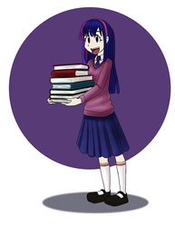 Size: 638x825 | Tagged: safe, artist:kprovido, twilight sparkle, human, g4, book, clothes, female, happy, humanized, kneesocks, light skin, looking at you, mary janes, necktie, open mouth, pleated skirt, simple background, skirt, smiling, socks, solo, sweater, that pony sure does love books, vest, white background
