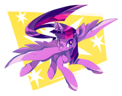 Size: 1280x1003 | Tagged: safe, artist:zilleniose-chu, twilight sparkle, alicorn, pony, g4, abstract background, cute, female, flying, solo, spread wings, starry eyes, stars, twiabetes, twilight sparkle (alicorn), wingding eyes, wings