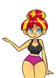 Size: 380x526 | Tagged: safe, artist:gro-ggy, sunset shimmer, equestria girls, g4, alternate hairstyle, belly button, breasts, busty sunset shimmer, cleavage, curvy, female, hair bun, hourglass figure, solo