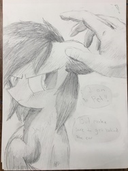 Size: 4032x3024 | Tagged: safe, artist:mranthony2, oc, oc only, oc:lemon bounce, pony, denial, hand, high res, looking back, monochrome, traditional art, turned away