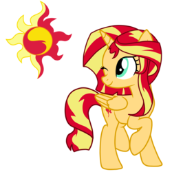 Size: 1000x1000 | Tagged: safe, artist:luckyclau, sunset shimmer, alicorn, pony, equestria girls, g4, alicornified, backwards cutie mark, cutie mark, female, one eye closed, race swap, raised hoof, shimmercorn, simple background, solo, transparent background, wink