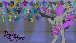 Size: 1366x768 | Tagged: safe, artist:rex-draco, oc, oc only, oc:raven aura, bat pony, changeling, griffon, pony, behind, bipedal, butt, cheering, concert, crowd, electric guitar, guitar, horn, musical instrument, plot, spotlight, stage, wallpaper, wings