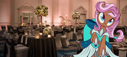 Size: 1192x534 | Tagged: safe, artist:jadedjynx, oc, oc only, oc:bowtie, chair, clothes, dress, flower, irl, photo, ponies in real life, ponycon, table
