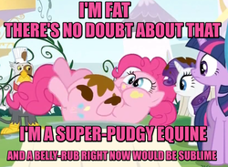 Size: 829x606 | Tagged: safe, edit, edited screencap, screencap, gustave le grande, pinkie pie, rarity, twilight sparkle, griffon, g4, mmmystery on the friendship express, bellyrubs, bronybait, canterlot, caption, cute, diapinkes, fat, image macro, meme, pudgy pie, rhyme, stuffed