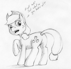 Size: 1280x1230 | Tagged: safe, artist:hardrockllama, applejack, g4, annoyed, applebutt, butt, female, frown, grayscale, looking back, monochrome, plot, raised hoof, simple background, solo, traditional art