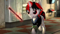 Size: 1920x1080 | Tagged: safe, artist:natarstudios, oc, oc only, oc:blackjack, pony, unicorn, fallout equestria, fallout equestria: project horizons, 3d, armor, clothes, fanfic, fanfic art, female, glowing horn, grin, hooves, horn, jumpsuit, levitation, magic, mare, nightstick, pipbuck, run, running, security armor, smiling, solo, telekinesis, vault security armor, vault suit
