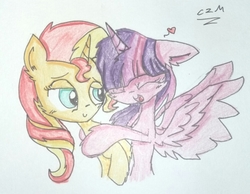 Size: 946x734 | Tagged: safe, artist:creeperzapminecraft, sunset shimmer, twilight sparkle, alicorn, pony, unicorn, g4, cute, eyes closed, female, floppy ears, heart, hug, lesbian, mare, open mouth, shimmerbetes, ship:sunsetsparkle, shipping, simple background, spread wings, twiabetes, twilight sparkle (alicorn), wings