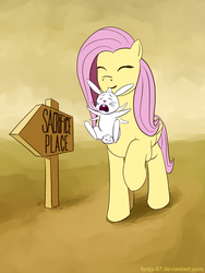 Size: 1500x2000 | Tagged: safe, artist:fynjy-87, angel bunny, fluttershy, pegasus, pony, rabbit, g4, animal, female, mare, mouth hold, out of character, raised hoof, sacrifice, scruff, sign, this will end in tears and/or death