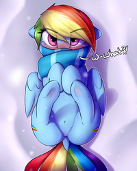 Size: 2400x3000 | Tagged: safe, artist:captainpudgemuffin, edit, rainbow dash, pegasus, pony, g4, belly fluff, blushing, butt, captainpudgemuffin is trying to murder us, clothes, cute, dashabetes, dock, featureless crotch, female, floppy ears, fluffy, high res, hoof blush, looking at you, mare, on back, plot, scarf, sfw edit, snow, solo, underhoof, winter