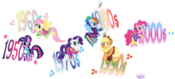 Size: 6607x2991 | Tagged: safe, artist:meganlovesangrybirds, applejack, fluttershy, pinkie pie, rainbow dash, rarity, twilight sparkle, pony, equestria girls, friendship through the ages, g4, my little pony equestria girls: rainbow rocks, '90s, 2000s, 50s, 60s, 70s, 80s, absurd resolution, clothes, cutie mark, dress, equestria girls outfit, equestria girls ponified, fashion, flying, mane six, open mouth, ponified, raised hoof, simple background, smiling, socks, spread wings, stockings, thigh highs, transparent background