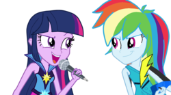 Size: 1280x714 | Tagged: safe, artist:natoumjsonic, rainbow dash, twilight sparkle, equestria girls, g4, my little pony equestria girls: rainbow rocks, clothes, duo, electric guitar, guitar, microphone, musical instrument, open mouth, simple background, transparent background, vector, welcome to the show