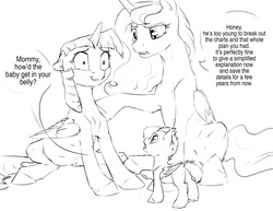 Size: 1280x989 | Tagged: safe, artist:silfoe, princess luna, twilight sparkle, oc, oc:pterus, alicorn, bat pony, pony, other royal book, g4, adopted offspring, belly, black and white, dialogue, female, grayscale, lesbian, monochrome, parent:princess luna, parent:twilight sparkle, parents:twiluna, preglight sparkle, pregnant, ship:twiluna, shipping, simple background, speech bubble, the birds and the bees, the talk, twilight sparkle (alicorn), white background