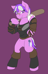 Size: 3085x4769 | Tagged: safe, artist:glacierfrostclaw, screwball, fallout equestria, g4, alternate hairstyle, bandaid, bandaid on nose, baseball, baseball bat, bipedal, clothes, female, grin, high res, leather armor, simple background, smiling, solo, standing up