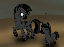 Size: 4800x3500 | Tagged: safe, artist:glacierfrostclaw, oc, oc only, oc:kifu kwato, oc:maisha kwato, zebra, fallout equestria, absurd resolution, daughter, female, filly, mare, mother, wasteland