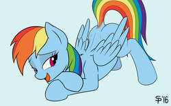 Size: 1618x1000 | Tagged: safe, artist:suspega, color edit, edit, rainbow dash, pegasus, pony, ass up, bedroom eyes, colored, dock, female, mare, open mouth, solo
