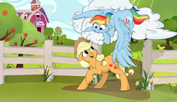 Size: 1024x595 | Tagged: safe, artist:rutkotka, applejack, rainbow dash, bird, g4, apple tree, barn, butt touch, cloud, commission, cute, dashabetes, dialogue, feathermarking, female, jackabetes, lesbian, looking at each other, never doubt tchernobog's involvement, ship:appledash, shipping, smiling, sweet apple acres, tree